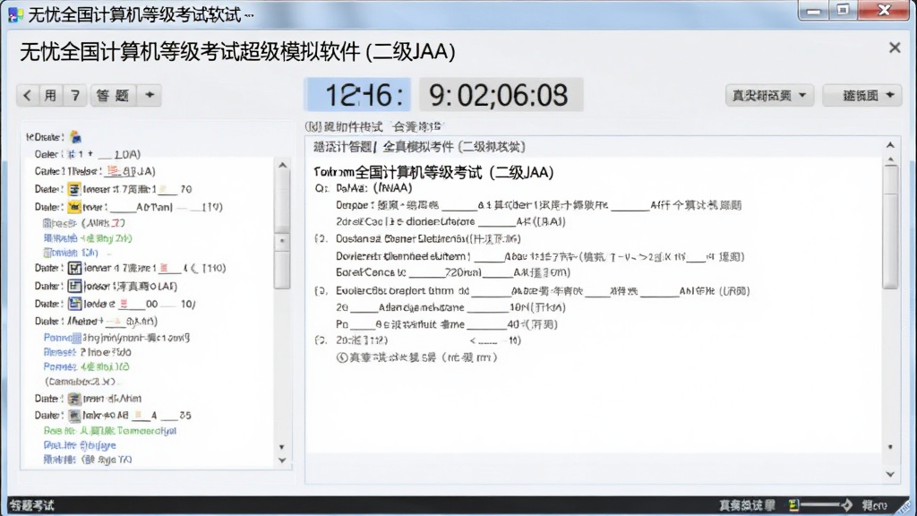 无忧全国计算机等级考试超级模拟软件(二级JAVA)全真模拟考试界面,显示选择题答题卡、计时器、题目区域,布局与真实考试一致,界面清晰,现代风格,干净,无多余元素