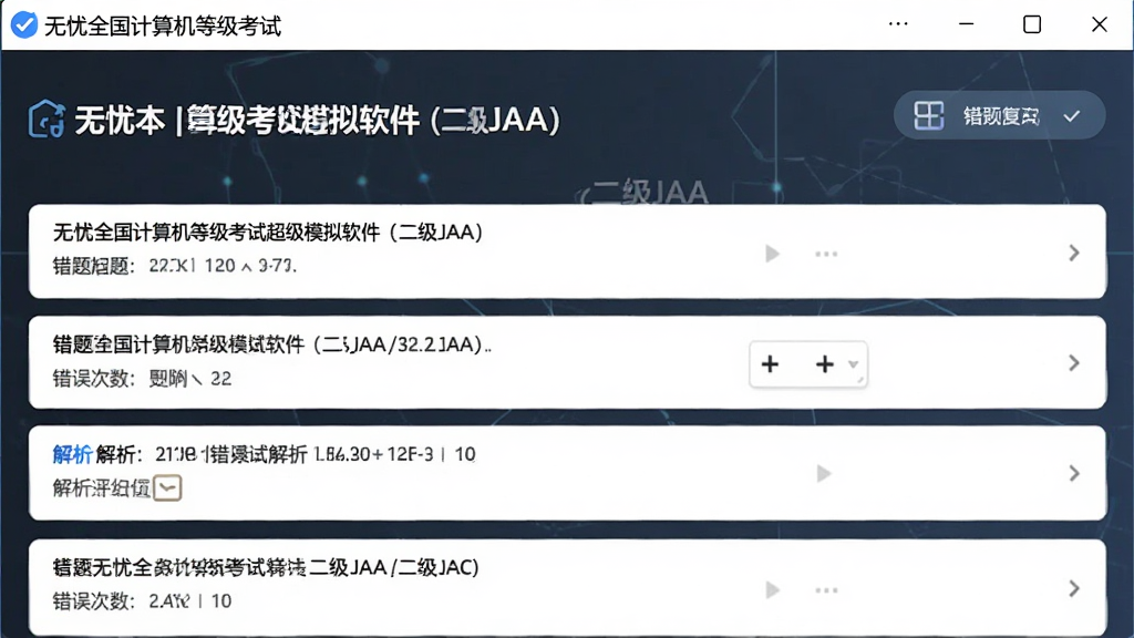 无忧全国计算机等级考试超级模拟软件(二级JAVA)错题本界面,列出错题题目、错误次数、解析,界面清晰,便于复习,现代设计,干净,无多余元素
