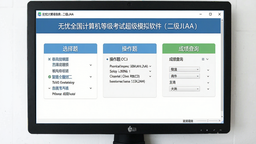 软件主界面模拟考试场景,电脑屏幕显示“无忧全国计算机等级考试超级模拟软件(二级JAVA)”主界面,包含选择题、操作题、成绩查询等模块,界面简洁清晰,现代扁平化设计,高清,干净,无多余元素