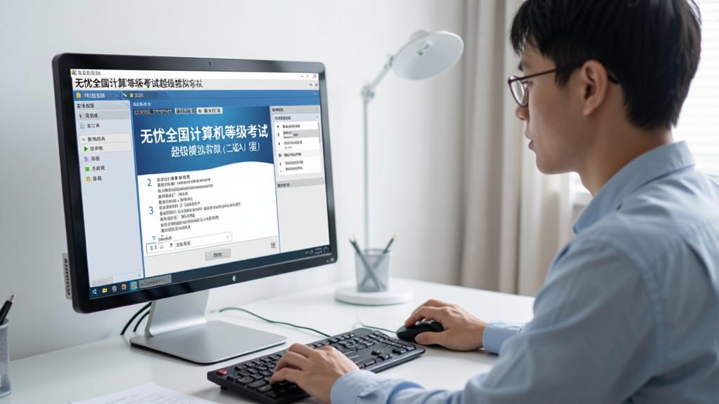 考生正在使用无忧全国计算机等级考试超级模拟软件(二级JAVA)进行模拟考试,电脑屏幕显示软件界面,考生认真答题,环境安静,画面清晰,现代风格,干净,无多余元素