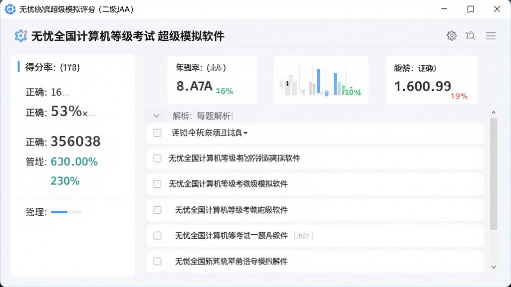 无忧全国计算机等级考试超级模拟软件(二级JAVA)智能评分页面,显示得分、正确率、每题解析列表,界面简洁明了,数据可视化,现代设计,画质清晰,干净,无多余元素