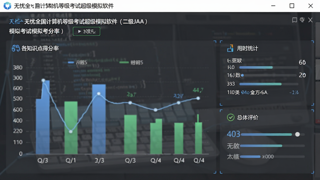 无忧全国计算机等级考试超级模拟软件(二级JAVA)模拟考试报告页面,以图表形式展示各知识点得分率、用时统计、总体评价,界面专业,数据可视化,现代风格,干净,无多余元素