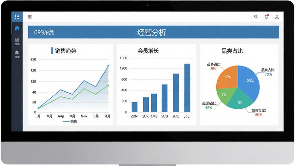 图片主体为电脑屏幕上的智方服装鞋帽收银会员管理软件报表界面,屏幕显示折线图、柱状图与饼图。布局为报表页面居中,四周留白,顶部有“经营分析”标题栏。风格为商务数据可视化风格,细节展示销售趋势曲线、会员增长柱状图、品类占比饼图。画质清晰,整体色调清爽,干净无多余元素。