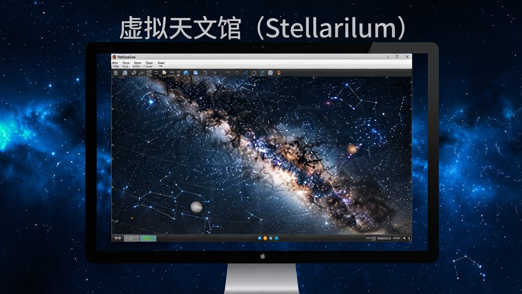 主体:虚拟天文馆(Stellarium)软件界面在电脑屏幕上运行,展示壮丽的银河与星座线条,布局:软件界面居中,周围有深蓝色的星空背景与星云细节,排版:界面清晰,菜单栏、工具栏、状态栏层次分明,风格:写实科幻风格,细节:恒星、行星、星座标注清晰,画面中浮动着“虚拟天文馆(Stellarium)”字样,画质:8K超高清,干净,无多余元素。