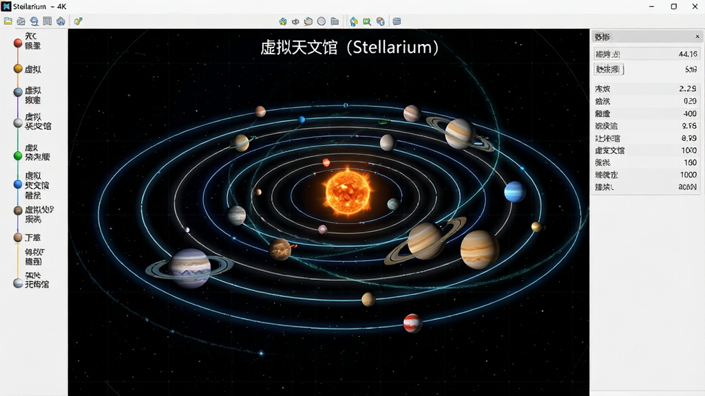 主体:虚拟天文馆(Stellarium)软件中的行星轨道模拟画面,布局:太阳系行星沿椭圆轨道排列,太阳位于中心,排版:左侧显示天体名称标签,右侧有数据面板,风格:科技感星图风格,细节:行星纹理清晰,轨道线发光,画面中显示“虚拟天文馆(Stellarium)”字样,画质:4K高清,干净,无多余元素。