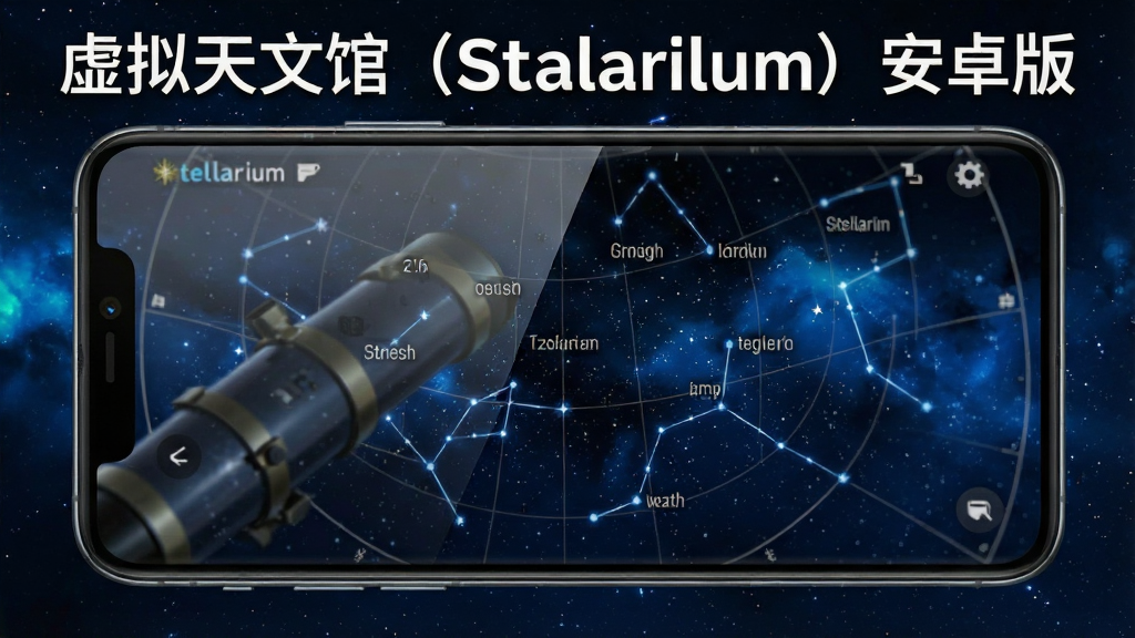 主体:一部智能手机屏幕显示虚拟天文馆(Stellarium)的星空界面,布局:手机居中,背景为深蓝色星空,排版:屏幕内显示星座与天体名称,风格:现代科技感,细节:屏幕反光自然,画面上有“虚拟天文馆(Stellarium)安卓版”字样,画质:高清,干净,无多余元素。
