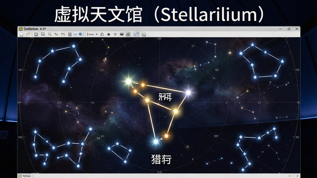 主体:虚拟天文馆(Stellarium)软件中的星座连线与艺术图叠加显示,布局:中心为猎户座,周围散布其他星座,排版:星座名称用白色字体标注,风格:梦幻星图风格,细节:恒星亮度层次分明,星座线条发光,画面上方有“虚拟天文馆(Stellarium)”字样,画质:高清,干净,无多余元素。