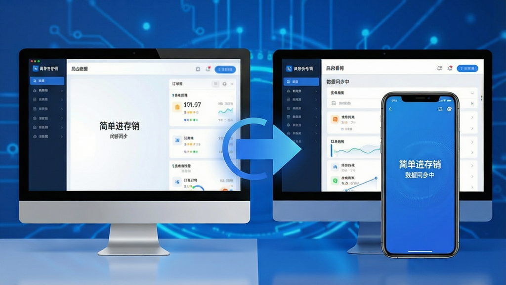 主体:手机与电脑并排展示,屏幕中显示“简单进存销”同步界面。布局:左电脑右手机,中间有同步箭头图标。排版:对比式构图,突出多端同步概念。风格:科技感,蓝色调。细节:手机端显示库存数据、订单列表,电脑端显示后台看板,文字“数据同步中”可见。画质:高清,干净,无多余元素。