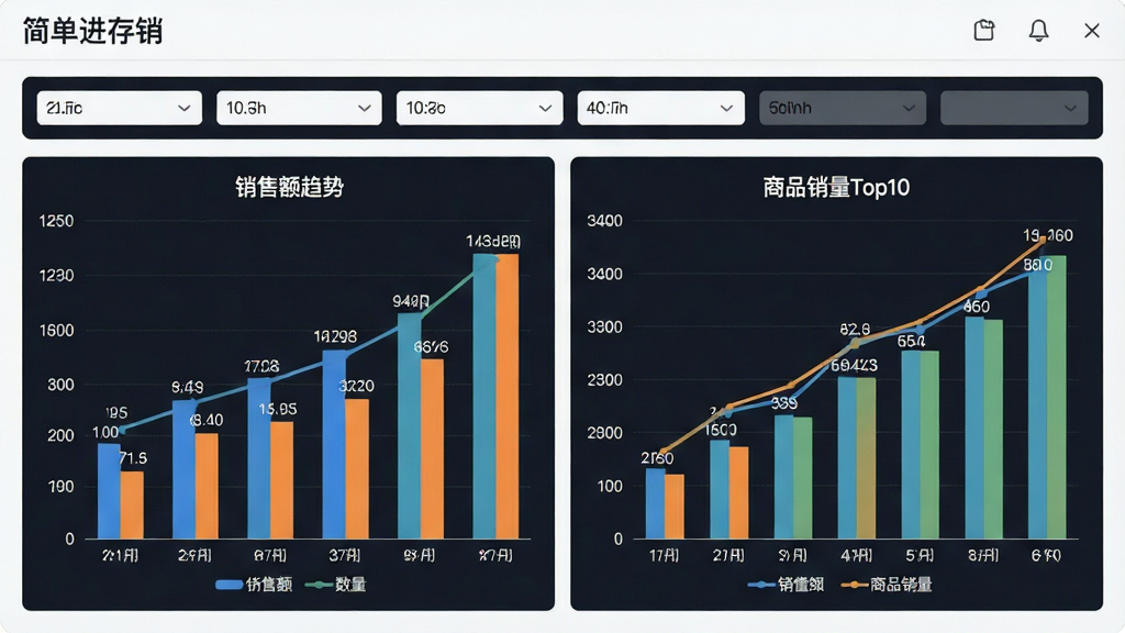 主体:简单进存销软件的报表分析页面,展示柱状图与折线图。布局:上方筛选条件栏,下方图表区域,左右排列。排版:图表配色协调,数据标签清晰。风格:商务数据可视化风格。细节:包含“简单进存销”名称,图表标题“销售额趋势”“商品销量Top10”。画质:高清,干净,无多余元素。