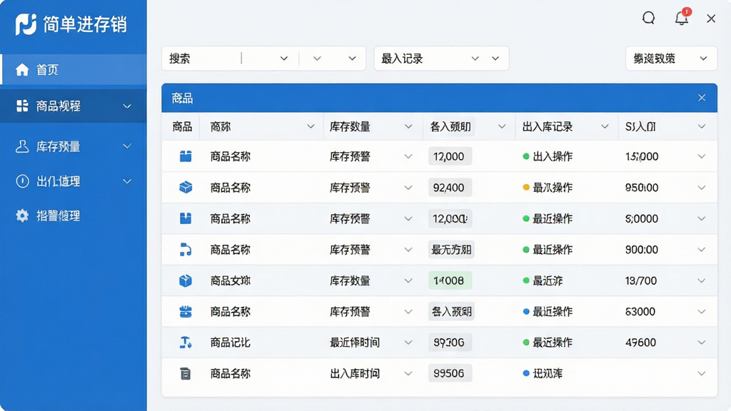 主体:简单进存销软件主界面,展示商品列表、库存数量、出入库记录等核心模块。布局:左侧功能导航栏,右侧数据看板,上方搜索与筛选工具栏。排版:清晰的分栏结构,信息层级分明,数据表格对齐美观。风格:现代简约商务风,蓝白主色调,界面干净明亮。细节:显示“简单进存销”LOGO,商品名称、库存预警、最近操作时间等文字清晰可读。画质:高清,干净,无多余元素。