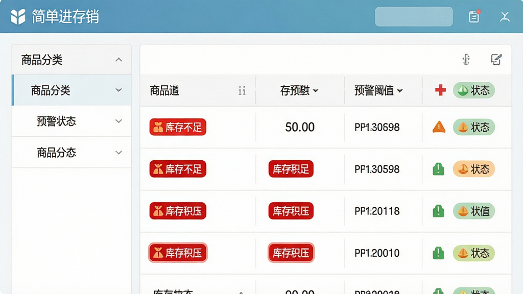 主体:简单进存销软件的库存预警界面,显示商品列表及库存状态标签。布局:左侧商品分类,右侧列表展示库存数量、预警阈值、状态图标。排版:表格样式,预警商品用红色标签突出。风格:清新简洁,数据可视化。细节:包含“简单进存销”软件名称,预警提示文字“库存不足”“库存积压”清晰可见。画质:高清,干净,无多余元素。