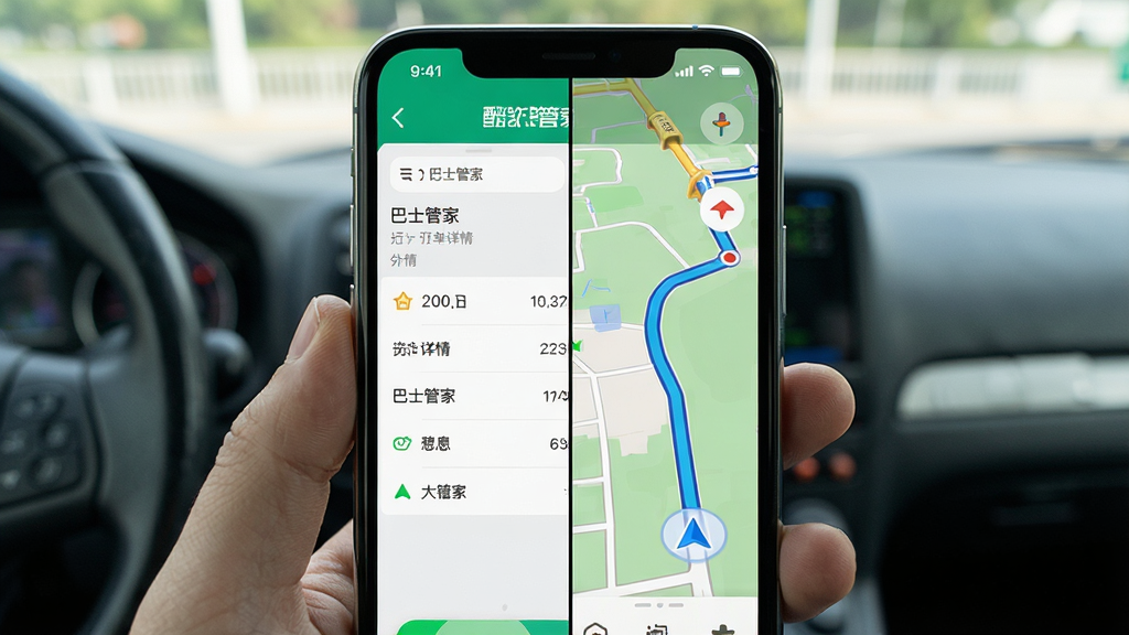 һ�Ű�ʿ�ܼ�APP���ֻ���̨�������ͼ����ͬʱʹ�õĳ������ֻ���Ļ�ָ���ʾ��һ���Ƕ������飬һ���ǵ�ͼ·�ߣ�����Ϊ�ֻ����������·ֲ������ʵ�����壬ϸ�ڰ�������ʿ�ܼҡ��������ƺ͵�����ͷ�����ʸɾ�����