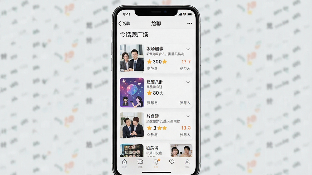 一幅手机截图,主体是“尬聊”App的“话题广场”页面,瀑布流布局展示各类话题卡片,包含“职场趣事”、“星座八卦”等分类,排版整齐,风格清新,细节展示话题的热度指数和参与人数,画质清晰,干净,无多余元素,图片中显示文字“尬聊”和“今日热门话题”。