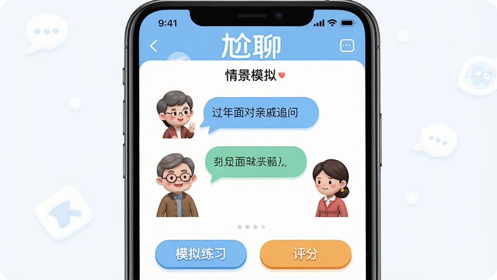手机应用界面,主体是“尬聊”App的“情景模拟”功能,选择一个“过年面对亲戚追问”的场景,界面中有虚拟的亲戚角色和对话气泡,风格卡通,布局互动性强,细节展示“模拟练习”和“评分”按钮,画质清晰,干净,无多余元素,图片中显示文字“尬聊”和“情景模拟”。