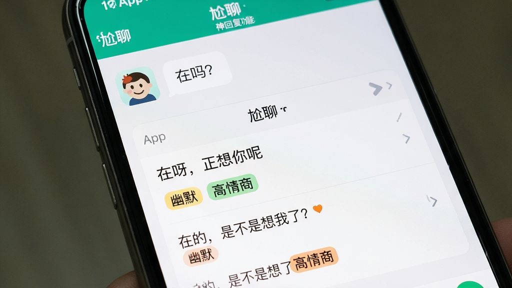 一个手机对话界面,主体是“尬聊”App的“神回复”功能,上方是对方发来的“在吗?”消息,下方是App生成的多个回复选项,如“在呀,正想你呢”和“在的,是不是想我了?”,布局清晰,风格实用,细节展示回复的“幽默”和“高情商”标签,画质清晰,干净,无多余元素,图片中显示文字“尬聊”和“神回复”。