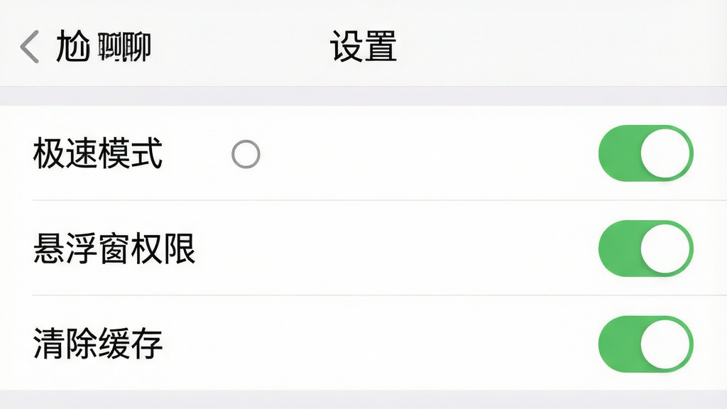一张手机应用内截图,主体是“尬聊”App的“设置”页面,显示“极速模式”、“悬浮窗权限”、“清除缓存”等选项,布局列表清晰,风格简洁,细节展示开关按钮的状态,画质清晰,干净,无多余元素,图片中显示文字“尬聊”和“设置”。