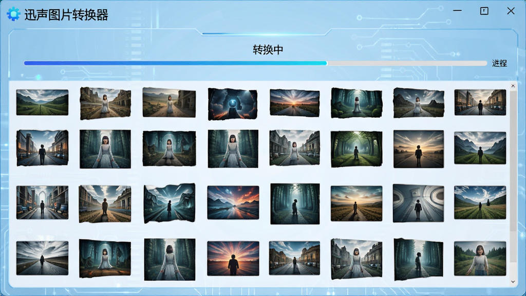展示“迅声图片转换器”批量处理界面,多张图片缩略图整齐排列,进度条显示“转换中”,背景为淡蓝色科技感风格,界面文字清晰,画质细腻,干净无杂物