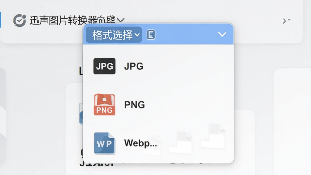 展示“迅声图片转换器”格式选择下拉菜单,列表包含JPG、PNG、WebP等格式图标,背景为浅灰色界面,风格简洁明了,画质高清,无多余元素