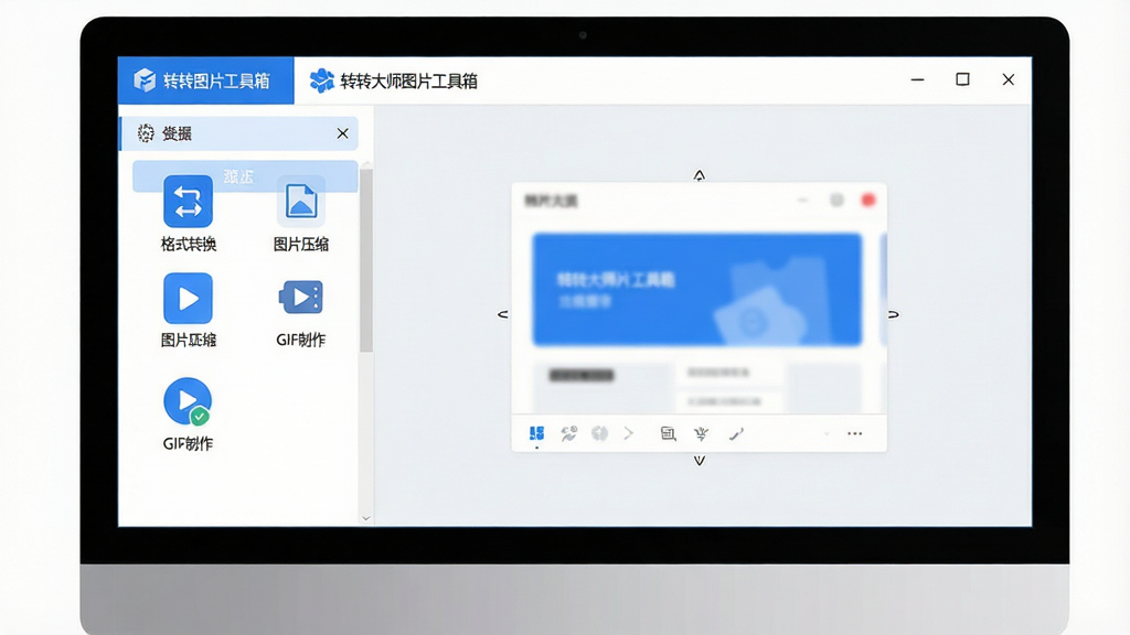 主体:转转大师图片工具箱的软件主界面,展示在电脑屏幕上。布局:界面顶部为功能导航栏,左侧为功能列表,右侧为预览区域,整体排版清晰。风格:现代扁平化设计风格,色彩以蓝白为主,简洁明快。细节:界面中显示“格式转换”、“图片压缩”、“GIF制作”等主要功能图标,每个图标下方有中文名称。画质:高清,干净,无多余元素。