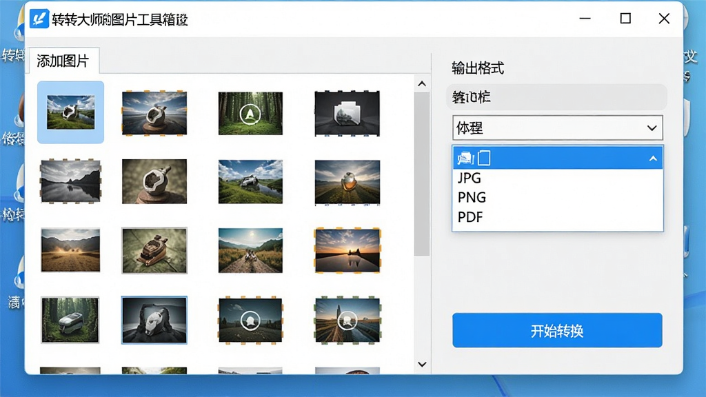 主体:转转大师图片工具箱的批量格式转换功能界面。布局:左侧为添加的图片文件列表,右侧为输出格式选项和“开始转换”按钮。风格:简洁的桌面软件界面,浅色背景。细节:图片列表中有多张不同格式的缩略图,输出格式下拉菜单中显示“JPG”、“PNG”、“PDF”等选项,按钮为蓝色高亮。画质:清晰,干净,无多余元素。