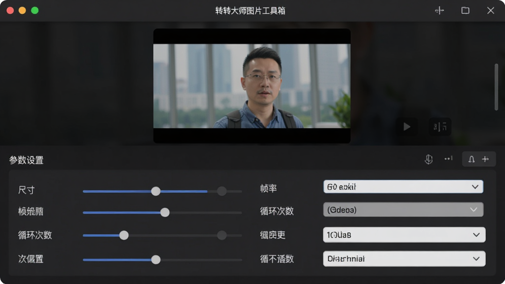 主体:转转大师图片工具箱的GIF制作功能编辑界面。布局:上方为视频导入区域,下方为参数设置区,包括尺寸、帧率、循环次数等。风格:深色主题界面,突出媒体文件。细节:预览窗口显示一帧画面,参数设置区有滑块和下拉菜单。画质:高清,干净,无多余元素。