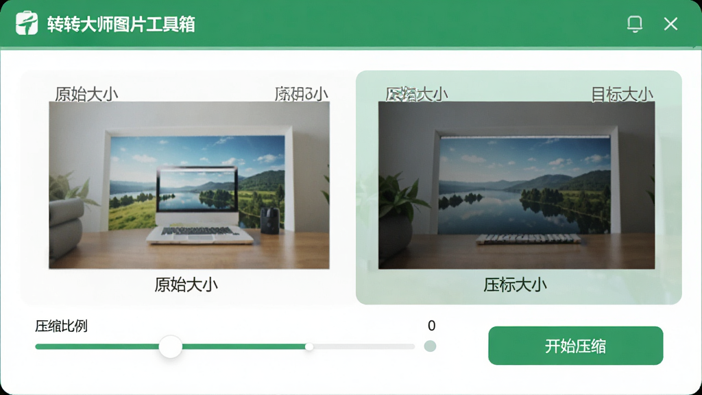 主体:转转大师图片工具箱的图片压缩功能操作界面。布局:界面中央有一张原始图片和压缩后的对比效果,下方有压缩比例滑块和“开始压缩”按钮。风格:清爽的UI设计,绿色和白色为主色调。细节:对比区域清晰标注原始大小和目标大小,滑块可调节压缩强度。画质:高清,干净,无多余元素。