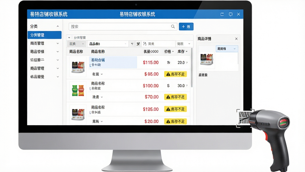 主体:易特店铺收银系统商品管理界面,电脑屏幕显示商品列表,包含商品名称、价格、库存数量,旁边有扫码枪设备;布局:商品列表居中,左侧为分类导航栏,右侧为商品详情编辑区;排版:整齐的表格布局,行间距适中,顶部有搜索栏;风格:商务简洁风格,背景为白色,重点信息用蓝色高亮;细节:商品图片清晰,价格用红色标注,库存不足时有黄色警告标示,屏幕上方显示“易特店铺收银系统”标题;画质:高清,干净,无多余元素。
