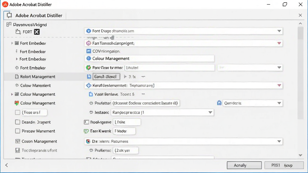 Adobe Acrobat Distiller 参数设置界面截图,展示字体嵌入、色彩管理选项,布局清晰,商务风格,画面干净无多余元素