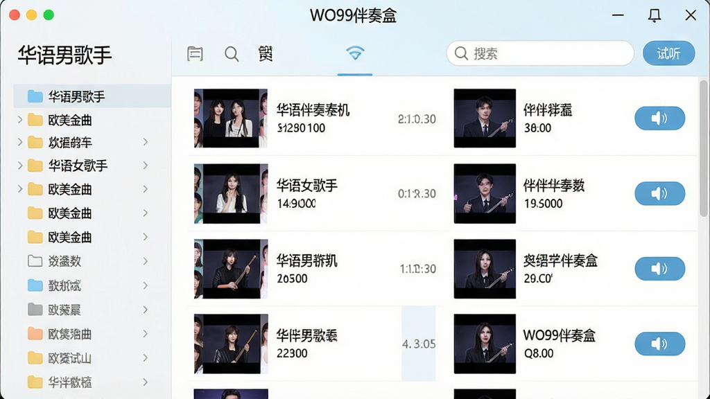 一张展示WO99伴奏盒海量曲库的界面截图,主体为软件内歌曲列表页面,左侧显示“华语男歌手”、“华语女歌手”、“欧美金曲”等分类文件夹,右侧展示多首歌曲的伴奏名称与时长,布局整齐,排版简洁,风格清新,细节处有搜索栏和试听按钮,画质干净,无多余元素,界面顶部显示“WO99伴奏盒”字样。