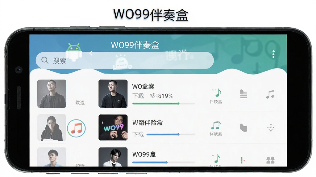 一幅手机屏幕显示WO99伴奏盒安卓版界面的图片,主体为手机屏幕中的软件主界面,上方为搜索框,下方为歌曲列表,布局简洁,排版清晰,风格现代,细节处有下载进度条,画质高清,干净无多余元素,屏幕上方显示“WO99伴奏盒”字样。