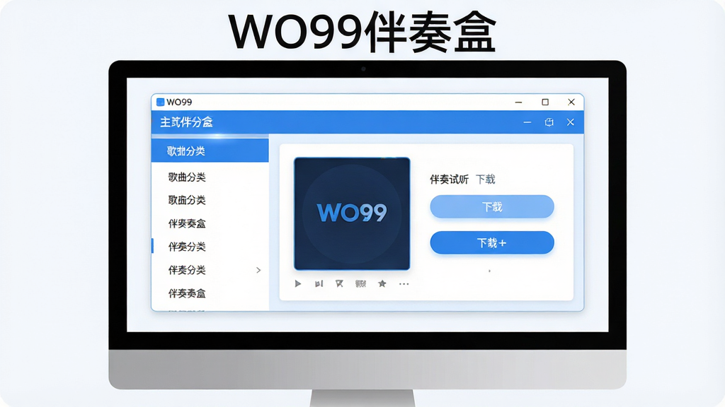 一幅现代简洁的软件界面预览图,主体为电脑屏幕中显示的WO99伴奏盒主窗口,左侧为歌曲分类列表,右侧为伴奏试听与下载按钮区域,整体布局清晰,排版规整,采用蓝白配色,风格扁平化,细节处高光点缀,画质高清干净,无多余元素,屏幕上方显示“WO99伴奏盒”字样。