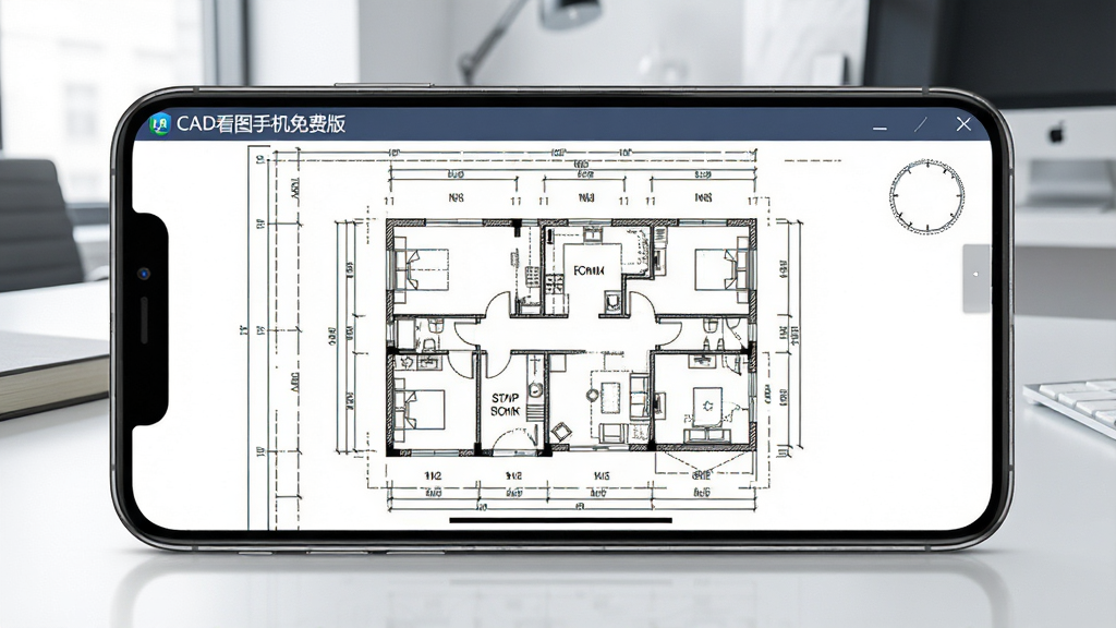 一张智能手机横屏展示CAD建筑平面图的场景,手机屏幕中清晰显示“CAD看图手机免费版”的软件界面,图纸线条精细,布局规整,背景为简洁的现代办公桌面,整体风格写实,光线明亮,画质干净,无多余元素