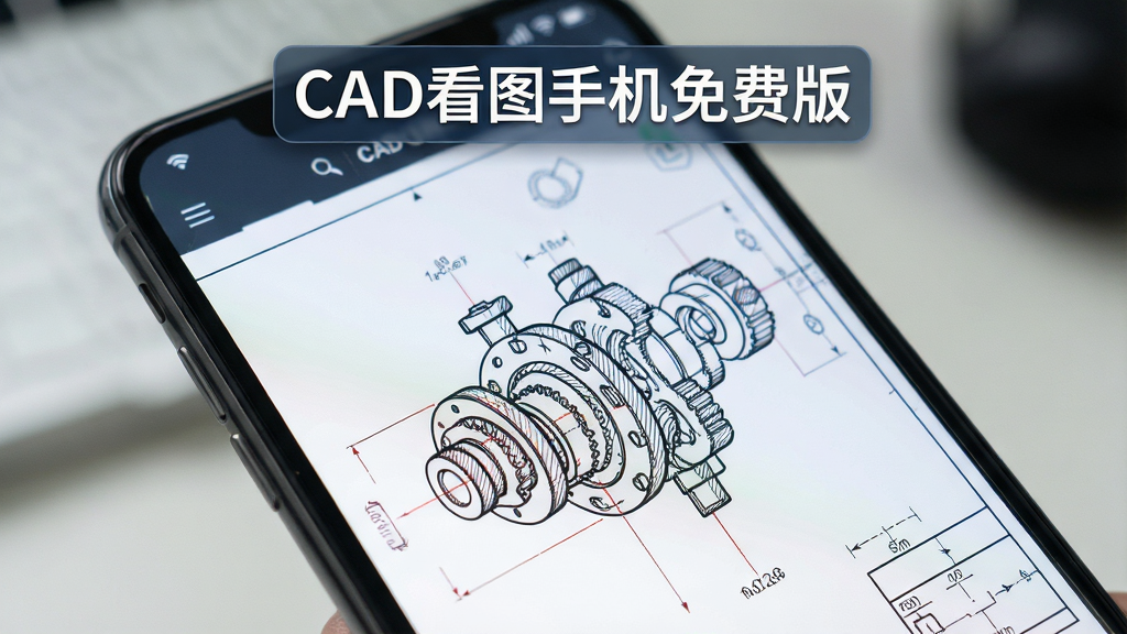 一幅手机特写画面,屏幕展示复杂的机械零件CAD图纸,线条精密,软件名“CAD看图手机免费版”悬浮在界面顶部,背景虚化,突出图纸细节,画质清晰,风格写实,干净无多余元素