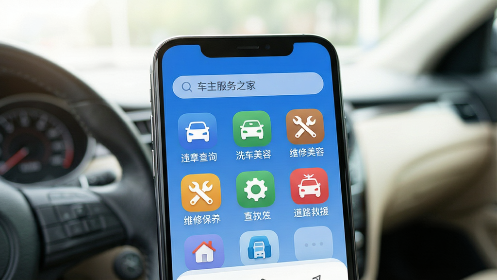 一张智能手机屏幕特写,屏幕上清晰显示“车主服务之家”APP主界面,界面采用蓝色主题色调,顶部为搜索栏,中间以宫格形式排列“违章查询”、“洗车美容”、“维修保养”、“道路救援”等彩色图标,整体UI设计现代简洁,背景为虚化的驾驶舱环境,光线明亮柔和,画质干净,无多余元素