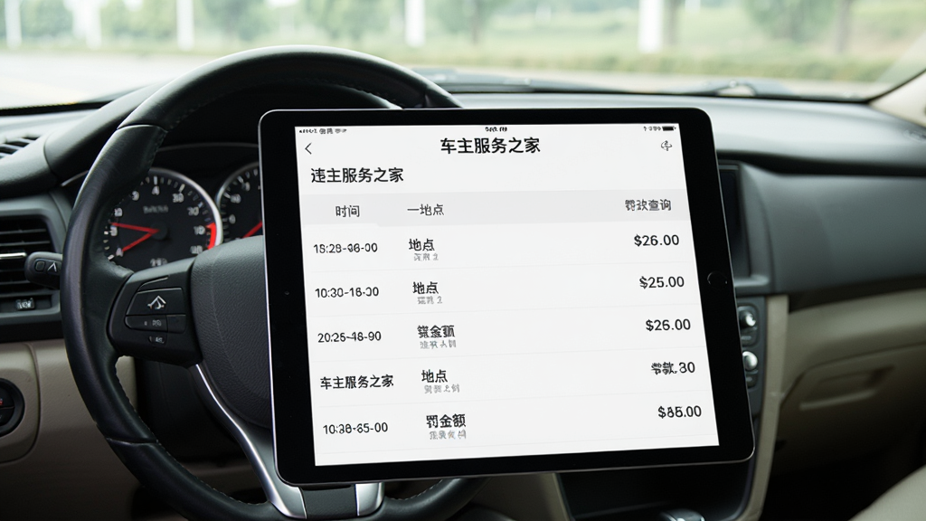 一张平板电脑展示“车主服务之家”应用的违章查询结果页面,页面以列表形式显示违章详情,包含时间、地点、罚款金额,背景为车内视角,方向盘和仪表盘清晰可见,图片风格写实,画质清晰,干净无杂物