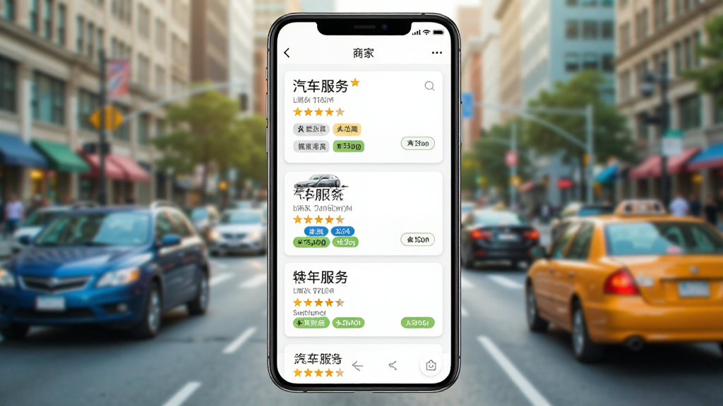 一张手机应用内商家列表截图,屏幕中显示多个汽车服务店铺卡片,每个卡片包含店铺名称、距离、评分和特色服务标签,背景为模糊的城市街道,有车辆行驶,整体色调明亮,突出手机屏幕内容,画质细腻,干净整洁