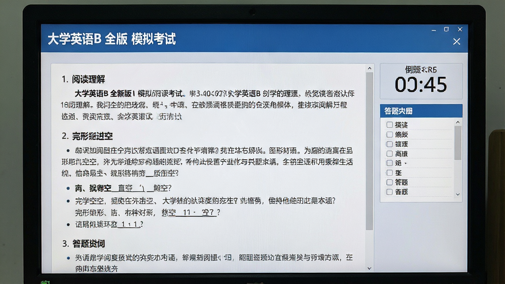 一张电脑屏幕截图风格的图片,屏幕显示“大学英语B 全新版”模拟考试界面,包含阅读理解、完形填空等题型,右侧有倒计时与答题卡,界面风格正式严谨,色调为淡灰色与蓝色,强调考试的真实氛围,画面干净整洁