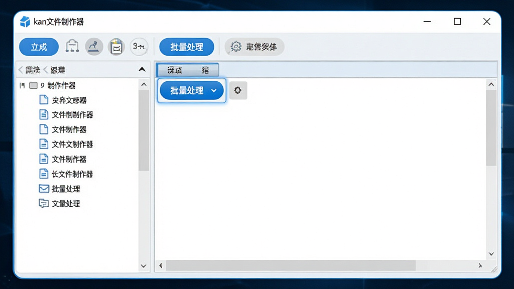 主体:kan文件制作器运行在Windows电脑上,左侧为文件列表,右侧为内容编辑区。布局:界面清晰,功能按钮排列有序。排版:现代简约风格,窗口边缘圆润。风格:商务办公风,蓝白配色。细节:屏幕中显示“kan文件制作器”主界面,并有“批量处理”按钮高亮。画质:高清,干净,无多余元素。