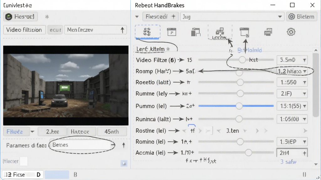 HandBrake 软件操作界面特写,显示视频滤镜和参数调节面板,画面清晰,标注关键功能区域,风格专业,浅色背景,画质干净,无多余元素