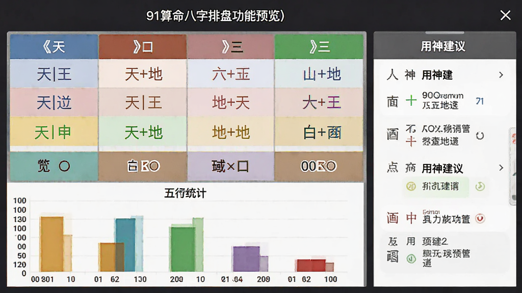 91算命八字排盘功能预览,界面展示四柱八字表格,天干地支以不同颜色标注,下方有五行统计柱状图,右侧显示用神建议,整体风格专业严谨,画质清晰,干净,无多余元素