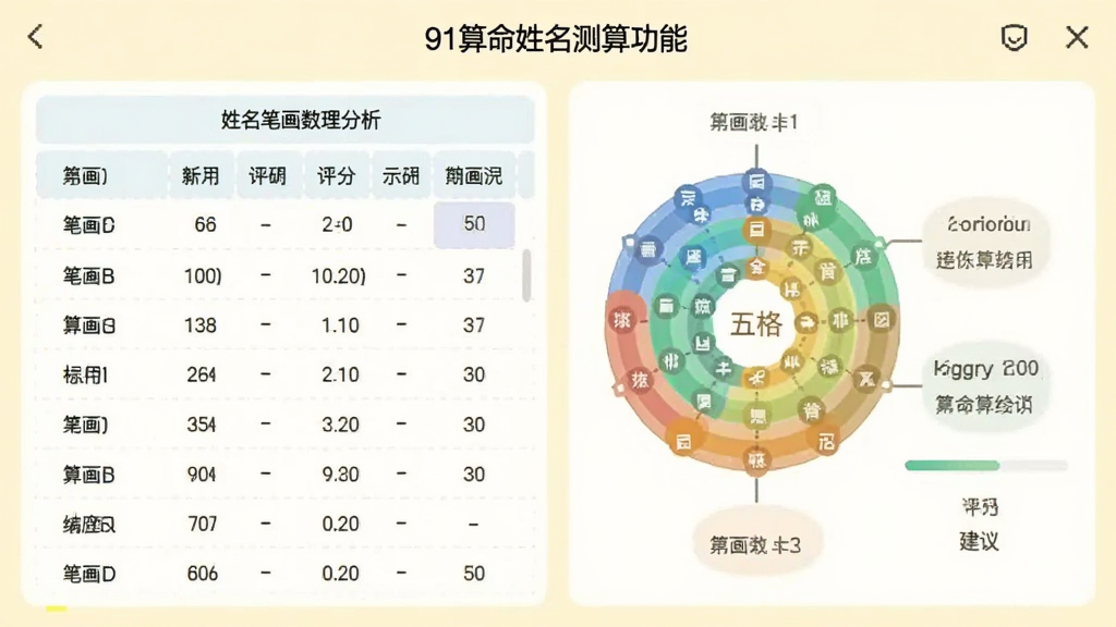 91算命姓名测算功能界面,展示姓名笔画数理分析表格,五格示意图以彩色圆环呈现,旁边有评分与建议文字,整体风格清新,背景浅黄,画质干净,无多余元素
