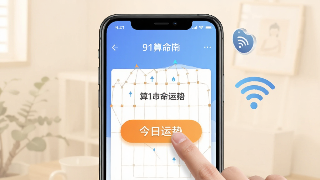 91算命使用指南示意图,手机屏幕显示软件首页,手指点击“今日运势”按钮,旁边有Wi-Fi图标,背景柔和,画质干净,无多余元素