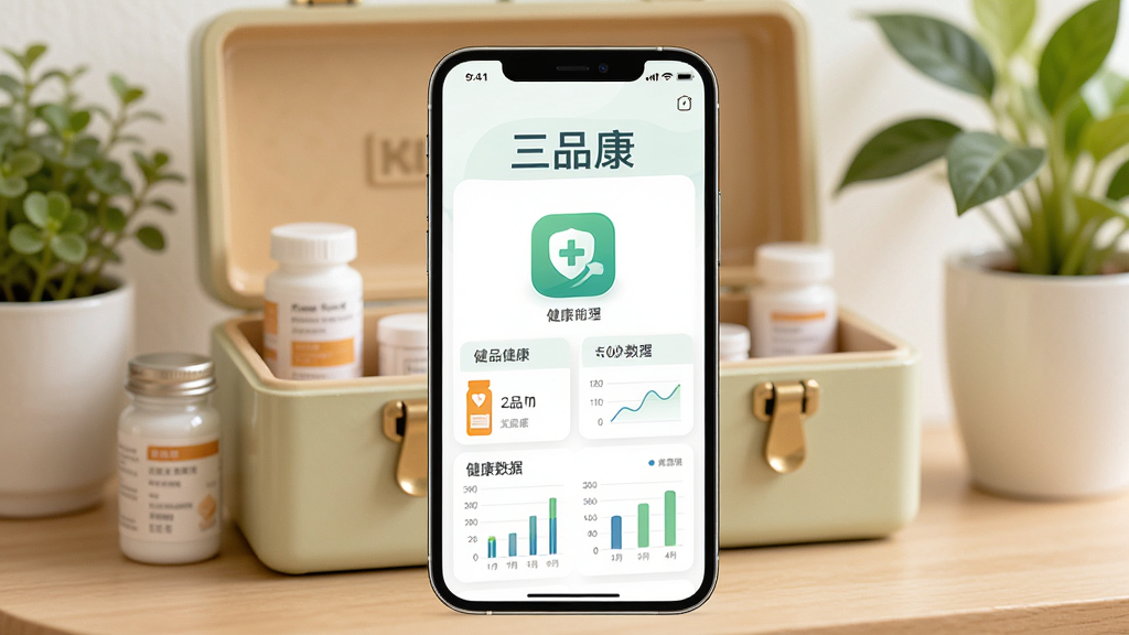 主体为智能手机屏幕展示三品康APP界面,屏幕上有“三品康”字样和健康管理图标,背景为温馨的家庭药箱与绿色植物,布局居中,排版简洁清晰,风格清新自然,细节包括药品列表和健康数据图表,画质高清干净,无多余元素