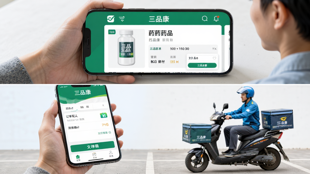 主体为一位用户手持手机在三品康APP上完成药品下单,周围有快递员骑电动车送药,布局为上下结构,上方手机屏幕显示“三品康”和药品详情,下方是配送场景,风格写实明亮,细节包括订单确认和支付界面,画质清晰干净,无多余元素
