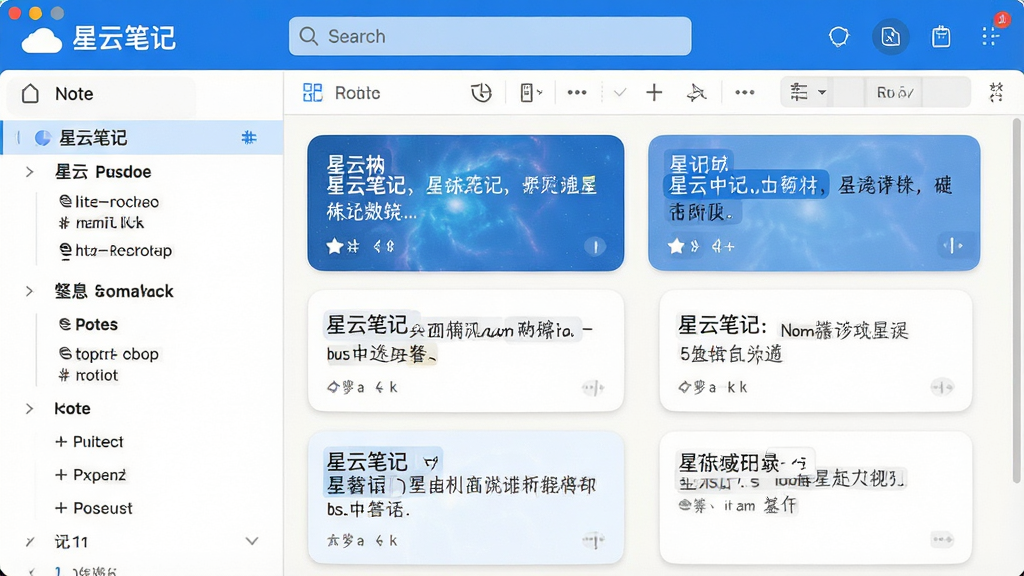 一张展示星云笔记主界面的高清截图,界面左侧为笔记列表,右侧为编辑区域,整体风格简洁明亮,以蓝白为主色调,顶部有“星云笔记”品牌标识和搜索栏,中部显示多条笔记卡片,排版整齐,风格现代,细节清晰,画质干净,无多余元素