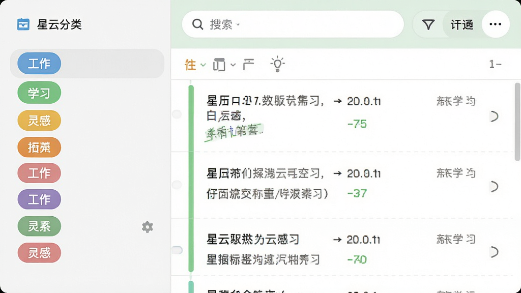 一张展示星云笔记标签分类功能的界面截图,左侧为标签列表,包括“工作”、“学习”、“灵感”等彩色标签,右侧为笔记列表,顶部有搜索框和筛选按钮,界面配色清新,排版清晰,风格扁平化,细节丰富,画质干净,无多余元素