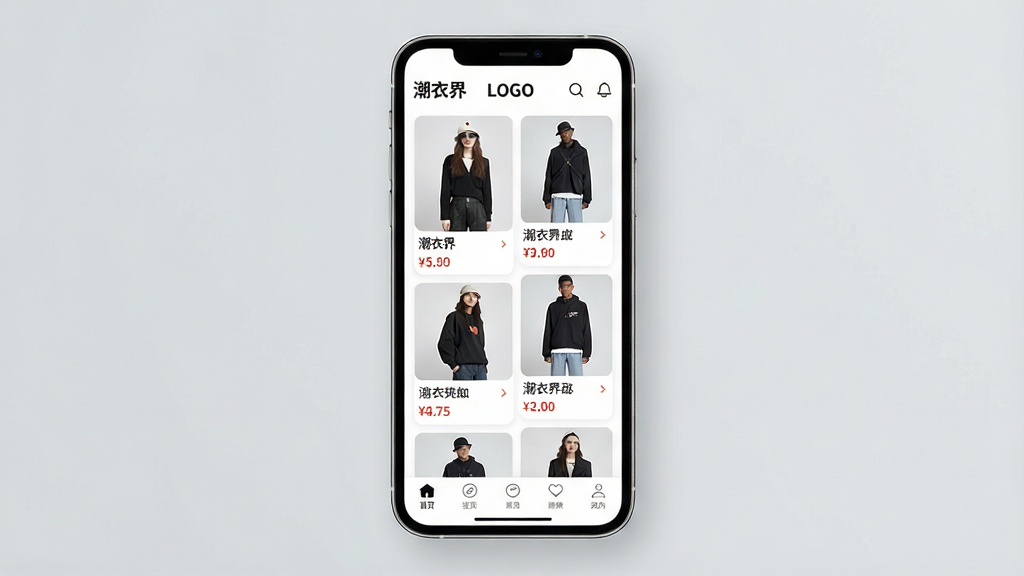 一幅现代感十足的电商APP界面预览图,主体为智能手机屏幕展示“潮衣界”购物应用首页,布局清晰展示商品瀑布流与底部导航栏,排版采用卡片式设计,风格时尚简约,细节包括商品图片、价格标签与“潮衣界”LOGO文字,画质高清,干净无多余元素
