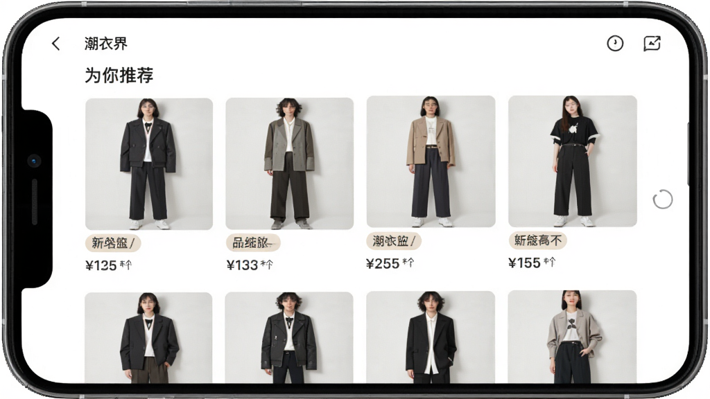 一张展示“潮衣界”智能穿搭推荐功能的界面截图,主体为手机屏幕中的“为你推荐”板块,布局包含多套完整穿搭组合图,排版整齐美观,风格清新明快,细节标注每套搭配的风格标签与价格,画质细腻,干净无多余元素