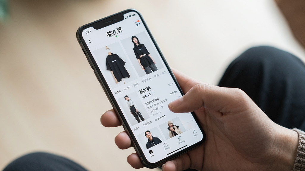 一张展示“潮衣界”移动端使用界面的实拍图,主体为手持智能手机操作购物应用,布局显示商品详情页与购物车图标,排版自然,风格生活化,细节突出屏幕中的“潮衣界”界面,画质清晰,干净无多余元素
