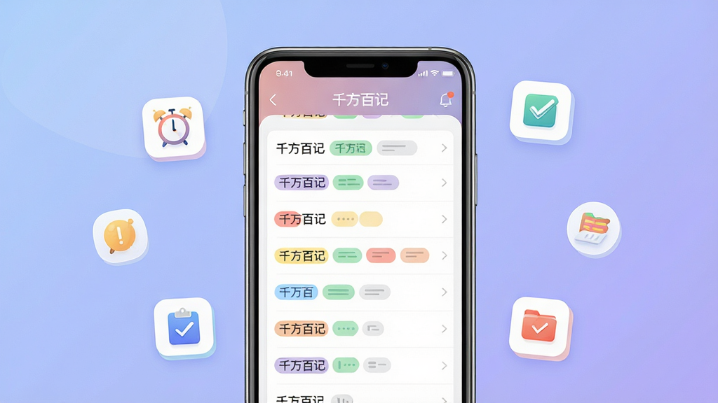 ���壺ǧ���ټ�APP������չʾ���ֻ���Ļ�ڳ�������ıʼ��б����ɫ��ǩ���ࡣ���֣������ֻ�ģ�ͣ���Χ�������������ӡ��嵥��ѡ��Сͼ�ꡣ�Ű棺���й�ͼ������Ϊ��͵Ľ�������ɫ������ִ���ƽ����ƣ�����ͨ͸��ϸ�ڣ���������������ע��ǧ���ټǡ�������ͼ�꾫�¡����ʣ�������Ⱦ���ɾ��޶���Ԫ�ء�